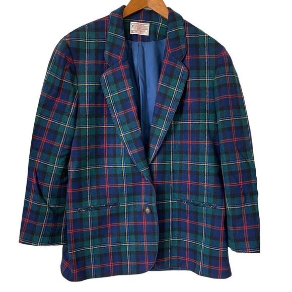 Vintage Pendleton Blazer Jacket Womens 14 Petite Green Tartan Wool Check Preppy - Picture 1 of 9